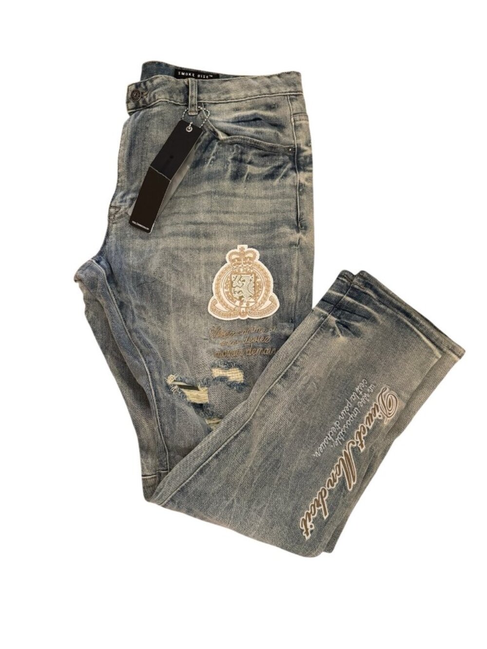 Smoke Rise Mens Distressed Embroidered Crest Patch Jeans 40x32 NWT Slim Tapered